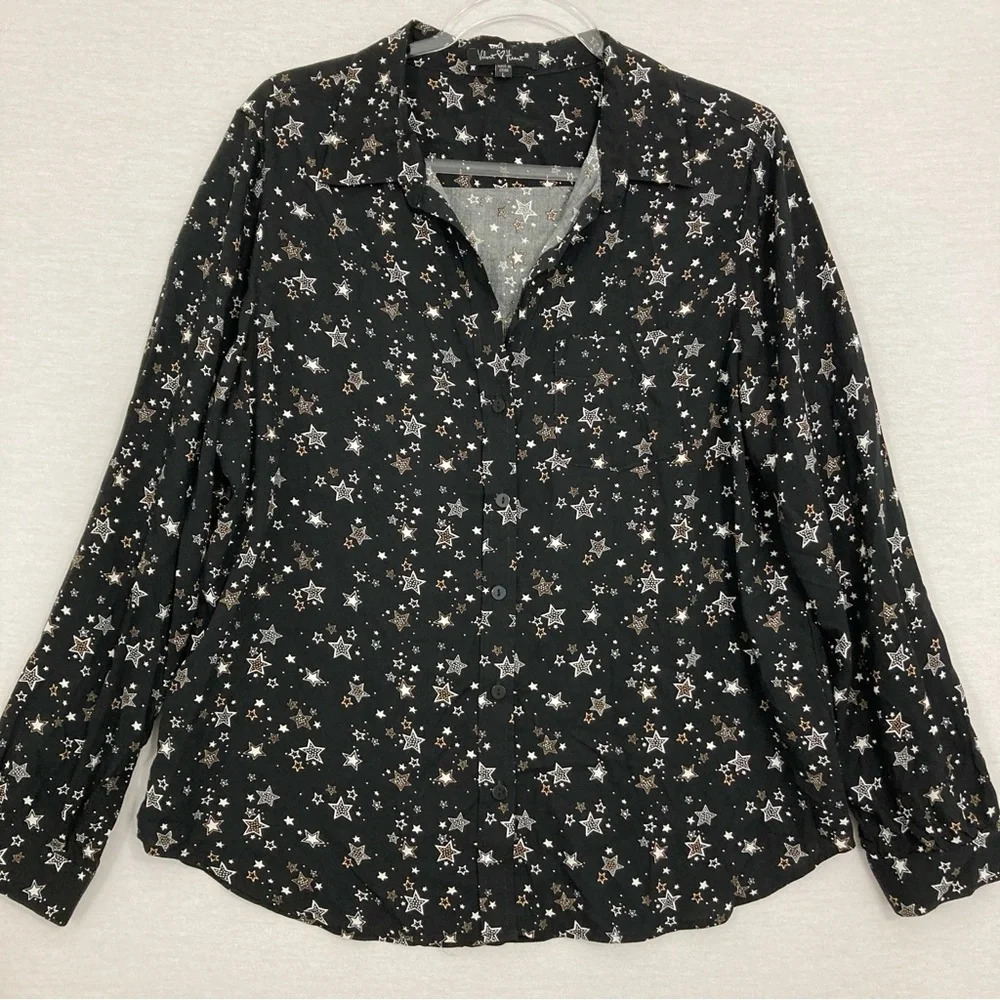 Velvet Heart Black Multi Ultra Soft Rayon Heart Print Button‎ Down size Large